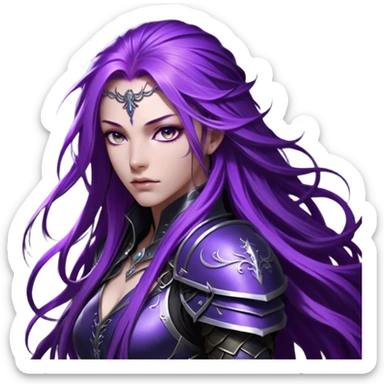 A mysterious warrior girl with long, flowing purple hair cascading down her back, strands catching the dim light like silk. Her piercing violet eyes glow beneath her furrowed brow, sharp with determination and wisdom beyond her years. She wears sleek black armor, a perfect fusion of elegance and lethality, adorned with intricate silver engravings resembling ancient runes. A dark cape billows behind her, torn at the edges from countless battles. Her gauntleted hands rest on the hilt of a slender, obsidian-hued sword, its blade humming faintly with hidden power.  sticker