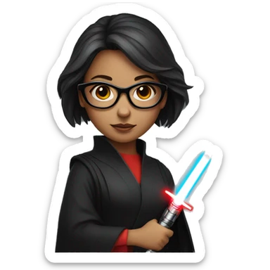 A girl with glasses with a red lightsaber sticker