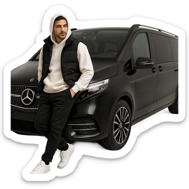 A fashionable man with white sneakers, black pants, white hoodie, black vest, hood up, leaning on a black 2024 Mercedes-Benz V-Class Extra Long 300 d, no background, clean studio lighting, ultra realistic, full-body, no text. sticker