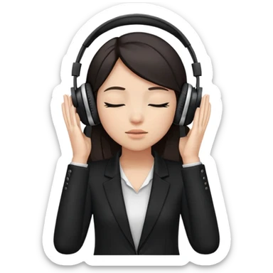 Girl with dark hair, wearing a black blazer, wearing headphones, her hands are on her ears, and her eyes are close sticker