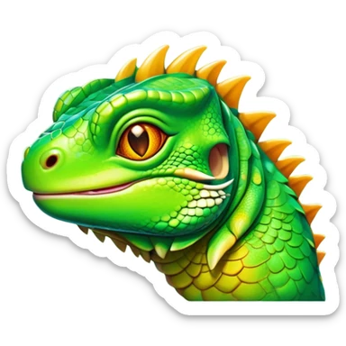 Cinematic Realistic Cute Iguana Portrait Emoji, Head tilted playfully and inquisitively, featuring a compact, agile build with a glossy, intricately scaled body in vivid green hues and a characteristically expressive face with bright, curious amber eyes, rendered in lifelike detail with natural highlights, high shine, affectionate and lively, styled with a touch of tropical whimsy, soft glowing outline, capturing the essence of a mischievous yet lovable iguana that seems poised to scurry out of the screen into your arms! sticker
