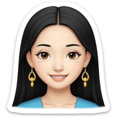 A Asian girl with fare skin and earrings, long straight black hair that is covering her checks with black eyes, smiling with a open wings eyeliner sticker