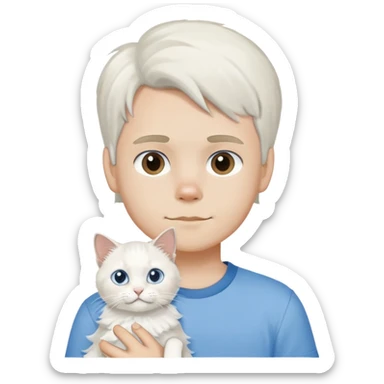 boy wearing blue short sleeve shirt with white ragdoll cat sticker