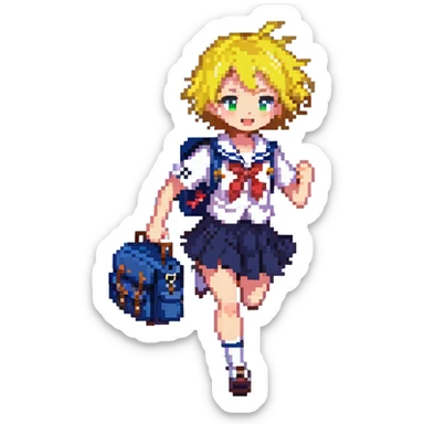 Pixel art anime girl with short bright yellow hair wearing Japanese sailor style school uniform, running energetically with school bag, happy determined expression sticker