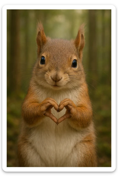 a realistic squirrel using its paws to make a heart, gentle expression sticker