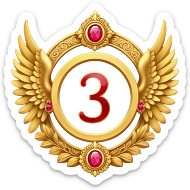 Third place award number in frame decorated with golden angel  wings and rubby stone sticker