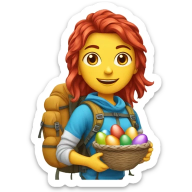 Female winter mountain climber red loose hair climbing with Greek flag on backpack and holding Easter eggs basket sticker