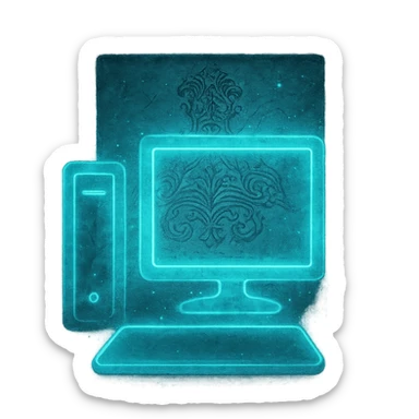 Generate a minimalistic Elden Ring glintstone sorcery version of the Windows 'My Computer' icon. Emphasize a glowing blue computer silhouette and a faint scroll, with very subtle magical effects. 1080 x 1080, transparent background. sticker