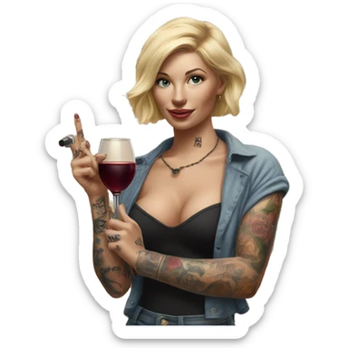 Blonde women in, her body covered with tattoos, wine in her one hand, pointing cat with her other hand, Hyper realistic  sticker