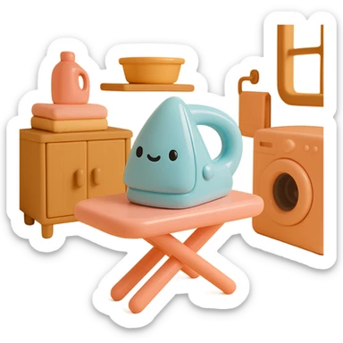 Place the vinyl figure style iron and ironing board in a cozy laundry room scene, with playful details and soft lighting, keeping the vinyl-figure look. sticker