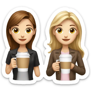 White skin brown haired girl and blode girl with coffees sticker