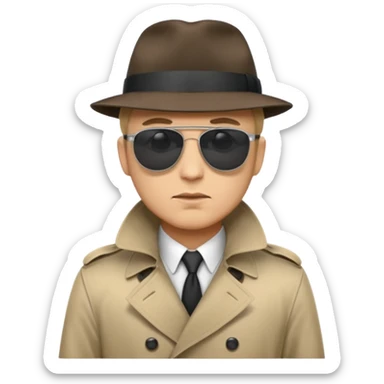 spy wearing sunglasses, a fedora and trench coat.  He is looking menacingly ahead.  sticker