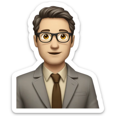 Full height Pale skinned fit man with dark brown hair in gray jacket, beige office shirt, brown tie, brown pants and vintage glasses. His right hand stretched out sticker