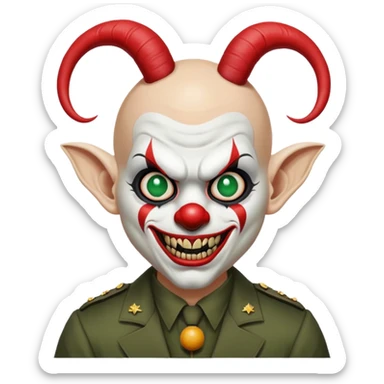 evil clown, bald, short goat horns on forehead, fangs, pointed ears, black and military green leisure suit, battle-ready fighting posture sticker