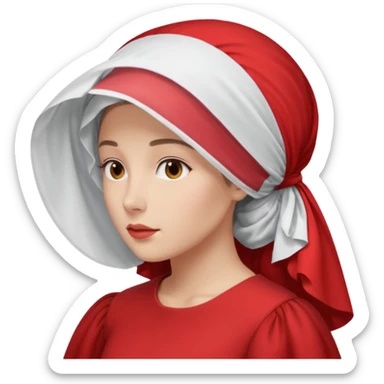 mujer de perfil con un vestido rojo de manga y falsas largas y voluptosas, y una toca blanca GRANDE que no se le ve la cara porque la toca la cubre sticker