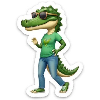 anthropomorphised female crocodile in a band t-shirt and jeans with sunglasses walking upright, relaxed pose sticker