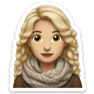 Dark blonde hair woman with brown eyes cozy scarf with coffee sticker