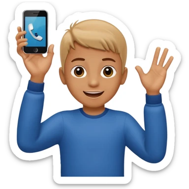 excited child dancing, waving a phone sticker