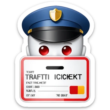 A digital emoji representing a traffic ticket. A small, slightly curved paper with printed lines, a red warning mark, and a subtle shadow. Minimalist and modern design, resembling official traffic fines sticker