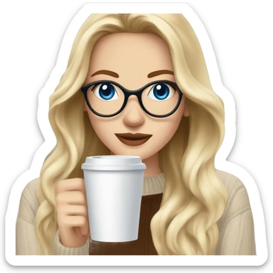 Blonde balayage long hair white women beige sweater blue eyes and small glasses holding coffee sticker