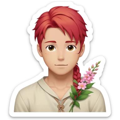 red hair with a thin side braid anime style handsome sexy gojo guy with blushing face and flowers aesthetic trending style outside sticker