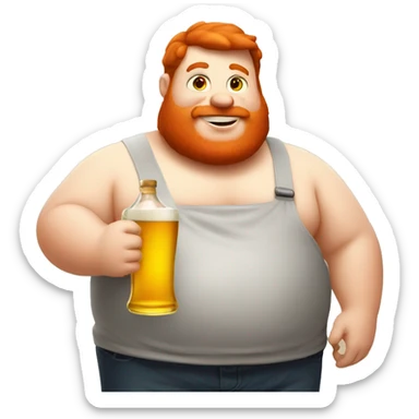 Fat red hair guy holding beer and cooking oil sticker