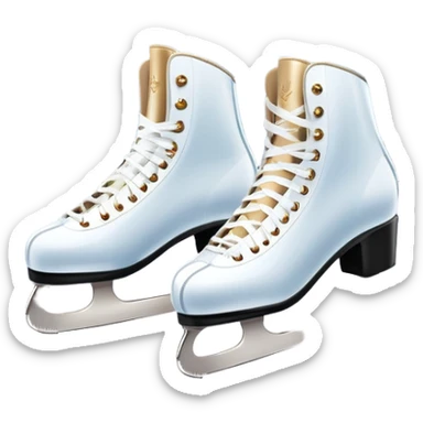 An icon showing elegant figure skates in close-up on a glossy ice surface, with a graceful skater performing in the background. The scene is set inside a grand indoor ice arena with spotlights, decorative banners, and a cheering audience. Transparent background. sticker