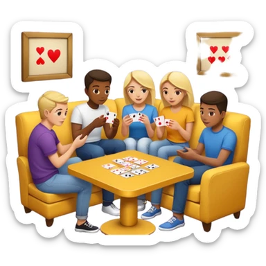 group of friends on couch playing a card game couch should be deep dark yellow color sticker