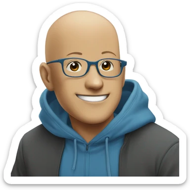 bald saitama in his 30s wearing glasses, smiling, in a blue hoodie sticker