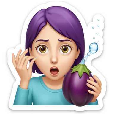 surprised woman with wide eyes, eggplant squirting water as she bites it sticker