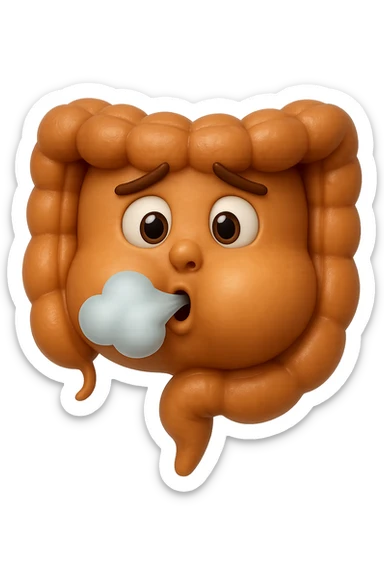 emoji stile iphone di un intestino che ingoia una nuvoletta di aria ben visibile e gli si gonfia la pancia, iperrealistico 4k sticker