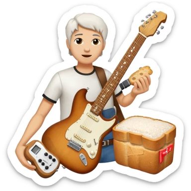 a bottle of salt (salt shaker) and a loaf of  bread with a small SG Gibson electric guitar sticker