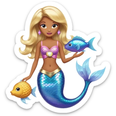 Brown skin blonde hair barbie mermaid with holographic tail  with pufferfish sticker