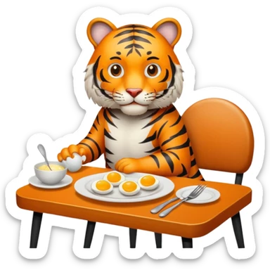 Tiger sitting by a table on a chair with a plate of eggs and bacon in front of him on the table place setting sticker