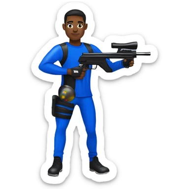 Brown skin paintball player wearing a royal blue long sleeve jersey, black pants and running with a paintball gun in hand sticker