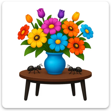 Make the ants appear on the table, not flying, and make the vase narrower, while maintaining the emoji style look. sticker