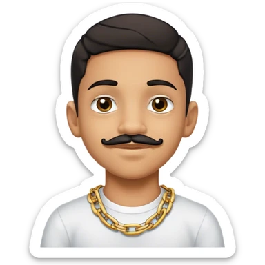 Latino boy with Latino skin and a black Edgar cut with braces and a gold chain and a small motache sticker