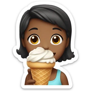 A little girl with black short hair eating ice cream sticker