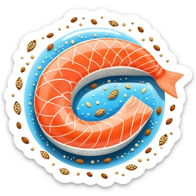 Floating arrangement of omega-3 rich foods: fresh salmon fillets, walnuts, flaxseeds, chia seeds and omega-3 capsules, all emitting a soft golden glow. The foods orbit around a central shimmering omega symbol, with gentle flowing energy connecting them. sticker
