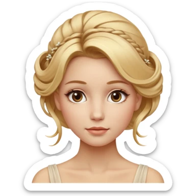 Cinematic Realistic Rococo Portrait, depicted with lifelike skin texture, subtle rosy undertones, and soft natural lighting that enhances the gentle contours of her face. Her intricately detailed golden blonde hair is elegantly styled in an updo, with delicate wisps framing her face.  sticker