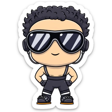 shirtless male athlete with white skin and moderately curly black hair on top with shaved sides, wearing black ski goggles with very dark heavily tinted black lenses that completely hide the eyes, and a simple plain black chain necklace, no earrings sticker