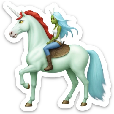 [politically incorrect
	{ woman: alien, color: light green, hair:red, eyes:cat} ]
	on a 
	[{ unicorn: white, legged:four, mane: light blue }] sticker