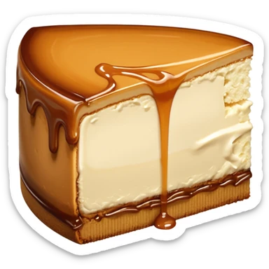 a slice of cheesecake. The base is made of light brown biscuit; the first layer of filling is caramelized dulce de leche, and the upper layer is creamy, light beige, and has a smooth texture. On top, there is a caramelized dulce de leche topping dripping down the center of the slice sticker