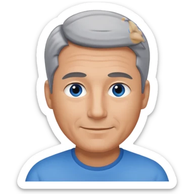 Middle aged man with tanned skin, little black to grey hair and no beard, blue eyes, shy smile sticker