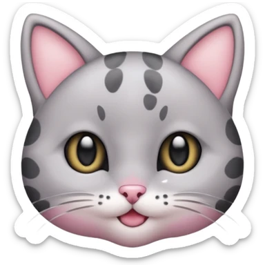 Cute emoji of a small gray cat with black spots, big shiny kawaii eyes, tiny pink nose, and a sweet smiling expression. Minimalist design, clean vector style, high resolution, soft pastel colors, with a transparent background. sticker