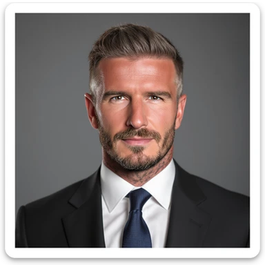 realistic portrait of David Beckham, famous English footballer, stylish, short hair, well-groomed beard, wearing a suit sticker
