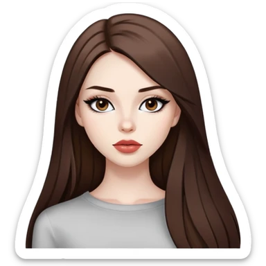 pretty baddie model, brown straight hair, cute lips, pale skin, long hair, dark brown eyes, bold black eyeliner sticker