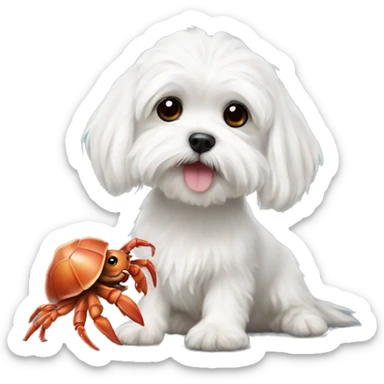 Adorable white Maltese posing with hermit crab sticker