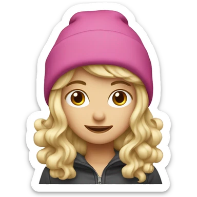 Wavy long blonde haired girl wearing a ski hat sticker