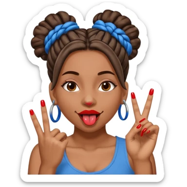 brown girl with blue locs in a bun with tongue out and red nails showing secomdnd finger sticker